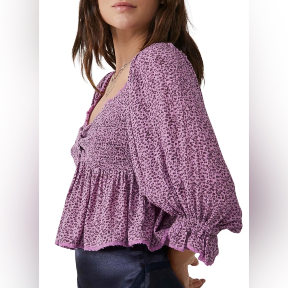 Free People Brittnee Print Smocked Babydoll Silhouette Peplum Top Size Large - Picture 2 of 9